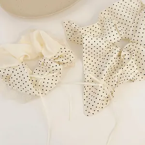 French Retro Satin Polka Dot Scrunchie For Women Elegant Bow Ribbon Hair Ties Handmade Lace Edge Hair Accessories