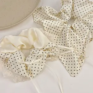 French vintage satin polka dot scrunchie set with lace details and ribbon bow