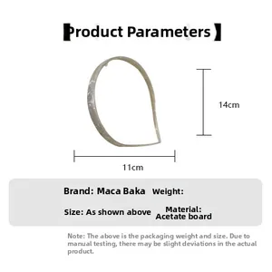 Size specifications for acetate headband showing 11cm x 14cm dimensions and material detail