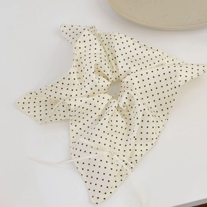 French vintage satin polka dot scrunchie with streamer ribbon in creamy white and black