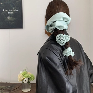 Mint Green Satin Rose Flower Scrunchie Set Elegant Oversized Elastic Hair Ties Handmade Large Hair Accessories For Women