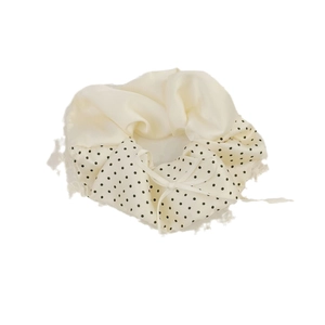 French vintage satin scrunchie with black polka dots and ivory white bow ribbon