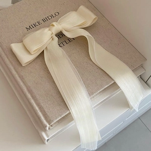 Barrette à nœud géant en mousseline crème avec de longs rubans sur des livres anciens