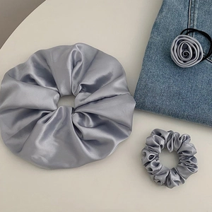 Three-piece silver gray satin hair tie set with scrunchies and a rose flower hair rope