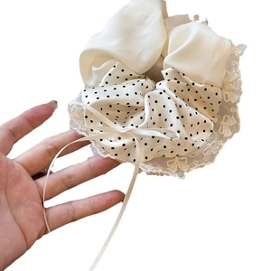 French ballet style polka dot scrunchie with cream silk ribbon and lace trim