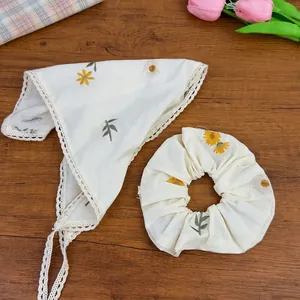 Creamy yellow daisy embroidered headscarf and scrunchie set with white lace trim