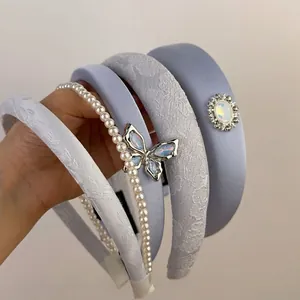 Serre-tête Bleu Style Français avec Papillon et Strass Élégante Künstliche Perle Satin Dentelle pour Femmes Accessoires de Cheveux de Princesse
