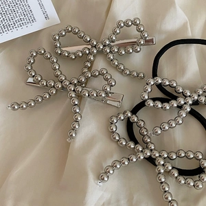 Pince à Cheveux Et Élastique à Cheveux Nœud Balletcore Doux Alliage Argenté Perles Métalliques Accessoires De Cheveux Pour Femmes
