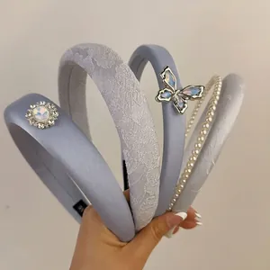 Serre-têtes papillon en strass et perles françaises en tissus satin et dentelle