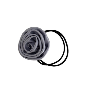 Elegant grey satin rose flower hair scrunchie with elastic band on white background