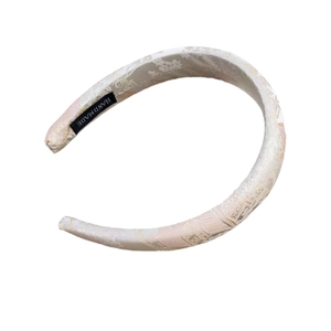Handmade Chinese style embroidered floral sponge headband in beige with jacquard texture