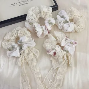 French Style Floral Lace Scrunchie With Detachable Bow Ribbon Fresh Elegant Fabric Hair Tie For Women Hair Accessories