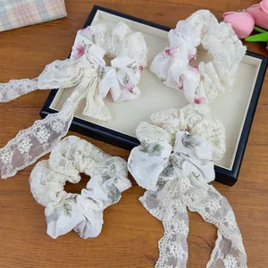 French lace floral scrunchie set with detachable bows and ribbons for women