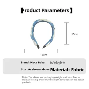 Detailed view of sky blue and beige braided headband showing dimensions of 13cm by 15cm