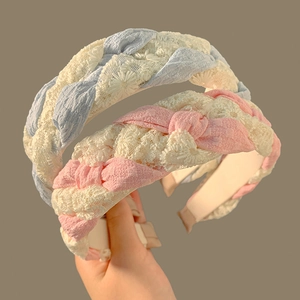 Lace braided headband set with blue and pink woven fabric designs for women