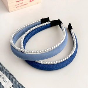 Elegant Denim Fabric Artificial Pearl Headband Vintage Double Layer Hair Hoop For Women Fashion Stylish Daily Hair Accessories