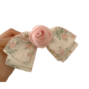 Elegant floral bow hair clip with pink chiffon rose and vintage floral pattern embroidery