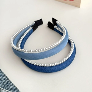 Three-piece set of blue fabric double-layer headbands decorated with white faux pearls