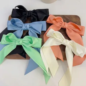 Large Satin Bow Hair Clip With Long Streamers French Elegant Solid Color Spring Clip Hairpin For Women Daily Hair Accessories