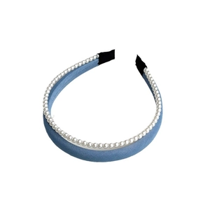 Elegant light blue double layer pearl headband with textured fabric and white pearls