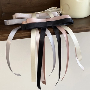 Elegant satin bow hair clip with long ribbons in black, pink, champagne and silver grey