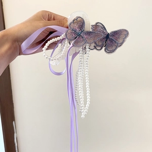Eleganter lila Schmetterling Haarklammer mit Stickerei und Perlen Quasten für Damen