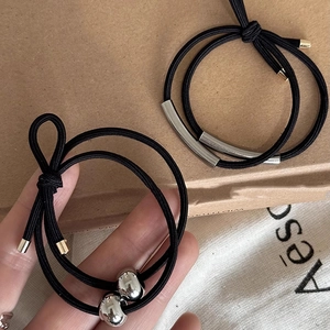 Minimalist Black Elastic Hair Tie With Silver Metal Tube Accents For Women High Elasticity Durable Hair Accessory