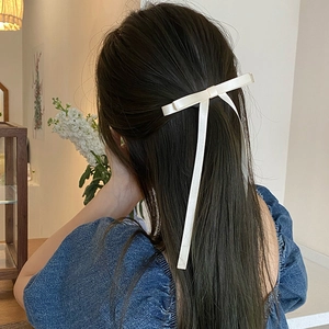 Elegant Korean ballet style cream satin bow hair clip with long flowing ribbons for women
