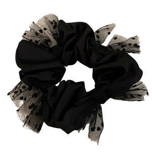 Elegant black satin and polka dot tulle scrunchie for sophisticated hair styling