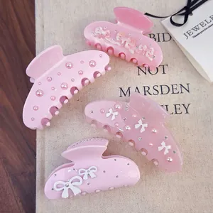 Pince à Cheveux en Acétate Rose avec Nœud Balletcore Strass Künstliche Perle Pince Crabe Douce Élégante Accessoires Cheveux Femme