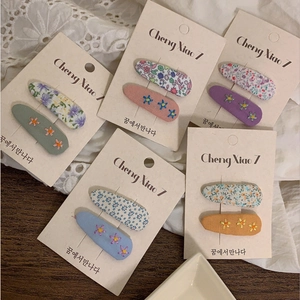 Floral embroidery BB hair clips set with cotton linen fabric in various pastel colors