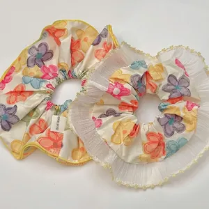 Korean Pastoral Floral Large Scrunchies Sweet Lace Trim Elastic Hair Ties Handmade Fabric Hair Accessories For Women Girls