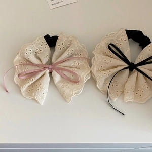 French Vintage Cream Lace Bow Scrunchie Sweet Ribbon Embroidery Hair Tie For Women Girls Ballet Style Elegant Hair Accessories