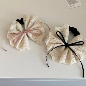 Set of two lace bow hair ties in cream white with pink and black ribbon accents