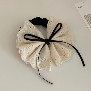French lace bow hair tie with embroidery and black satin ribbon for women