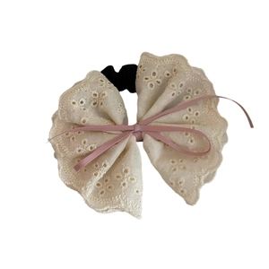 French lace cream bow hair tie with floral embroidery for elegant ballet style