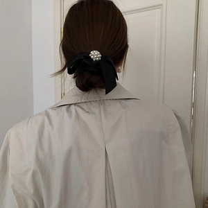 Elegant Satin Bow Scrunchie Decorated With Faux Artificial Pearl And Rhinestone French Style High Elastic Ponytail Holder Hair Tie For Women