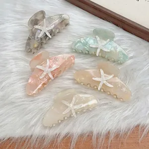 Starfish Acetate Hair Claw Clip Summer Ocean Style 3D Rhinestone Star Marble Texture Shark Clip For Women Hair Jewelry