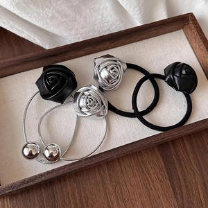 Elegant Rose Flower High Elastic Hair Ties For Women Faux Leather Floral Ponytail Holders Metal Bead Hair Accessories