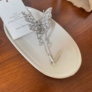 Silver butterfly hair claw clip with crystal rhinestones and long tassel chains accessory