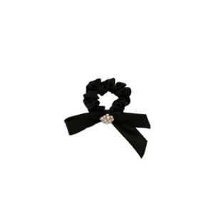 Elegant black satin hair scrunchie with large bow and pearl rhinestone flower ornament