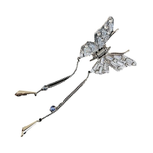 Silver butterfly hair claw clip with tassels and sparkling rhinestones for women