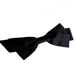 Elegant large black satin layered bow hair clip for women on a white background