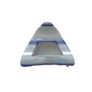 Geometric triangle hair claw clip with blue and white stripes and handmade gold label
