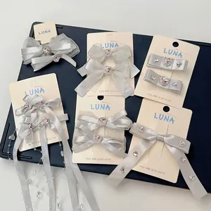 Pinces à Cheveux Nœud en Strass Gris Argenté Femmes Fée Cœur Rose Ruban de Satin Dentelle Barrettes Accessoires de Coiffure Élégants