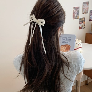 Barrette Cheveux Élégante Nœud en Künstliche Perles Blanches pour Femme Ruban Satiné Pince Bec de Canard Mariage Accessoires Cheveux