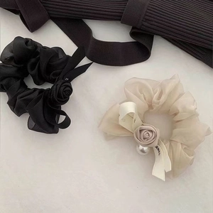 French Vintage Rose Flower Bow Scrunchie Elegant Organza Fabric Hair Tie With Faux Artificial Pearl Ribbon Hair Band For Women Jewelry