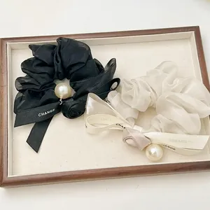 French vintage rose scrunchie set with ribbon bow and large pearl in black and ivory