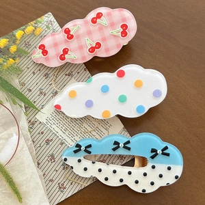 Three-piece set of cute cloud hair clips with cherry, polka dots, and bow patterns