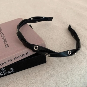 Black leather headband with double layer design and silver metal grommets for women